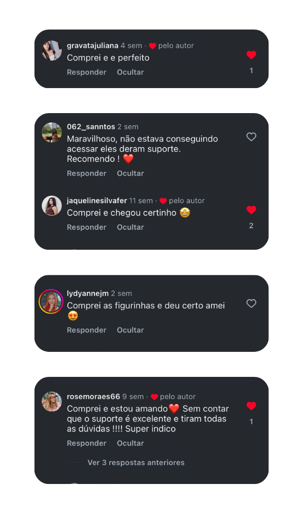 Prints de comentários de clientes satisfeitas